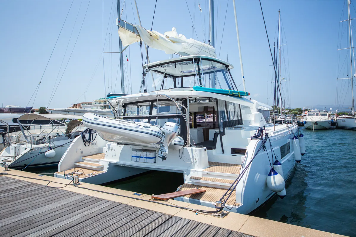 Exterior view of Pantera, a Lagoon 46 catamaran at Olbia, Italy