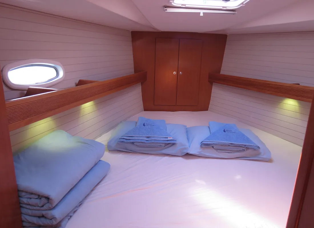 Cabin on Yilki, a Bavaria 43 Cruiser sailboat at Fethiye, Turkey