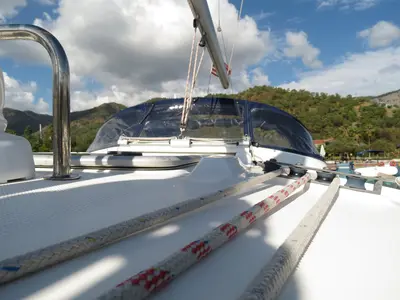 Deck of Yilki, a Bavaria 43 Cruiser sailboat at Fethiye, Turkey