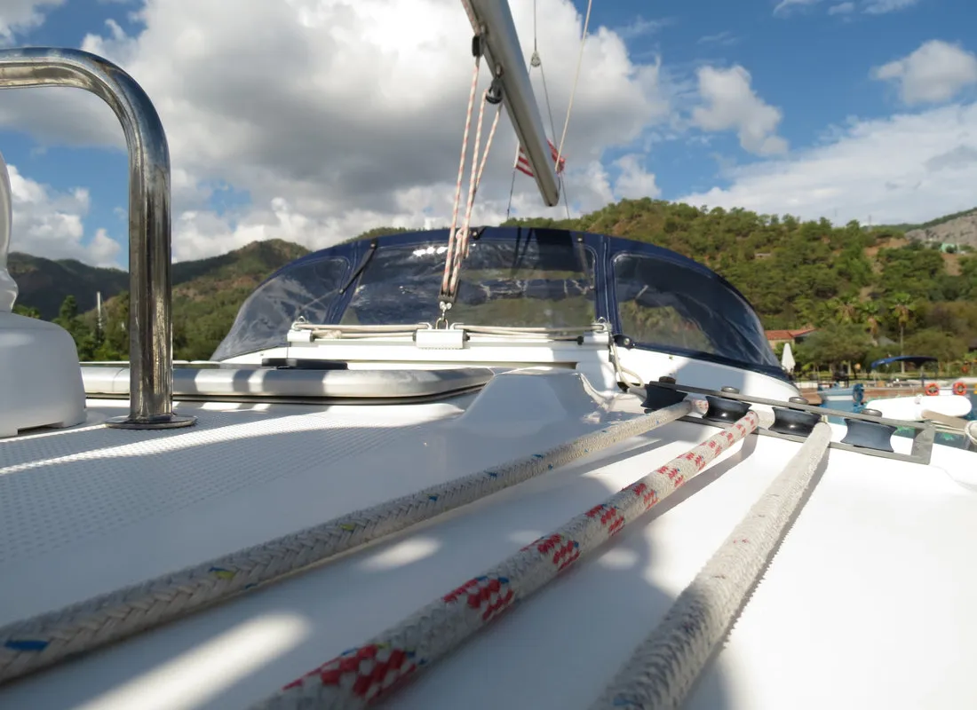 Deck of Yilki, a Bavaria 43 Cruiser sailboat at Fethiye, Turkey