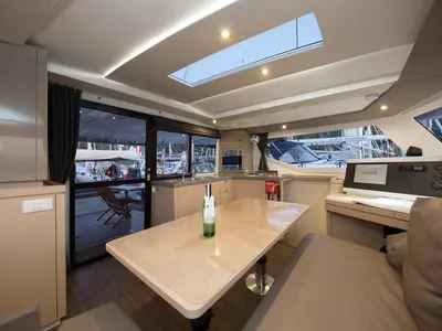 Salon of Sunrise, a Fountaine Pajot Lucia 40 catamaran at Marmaris, Turkey