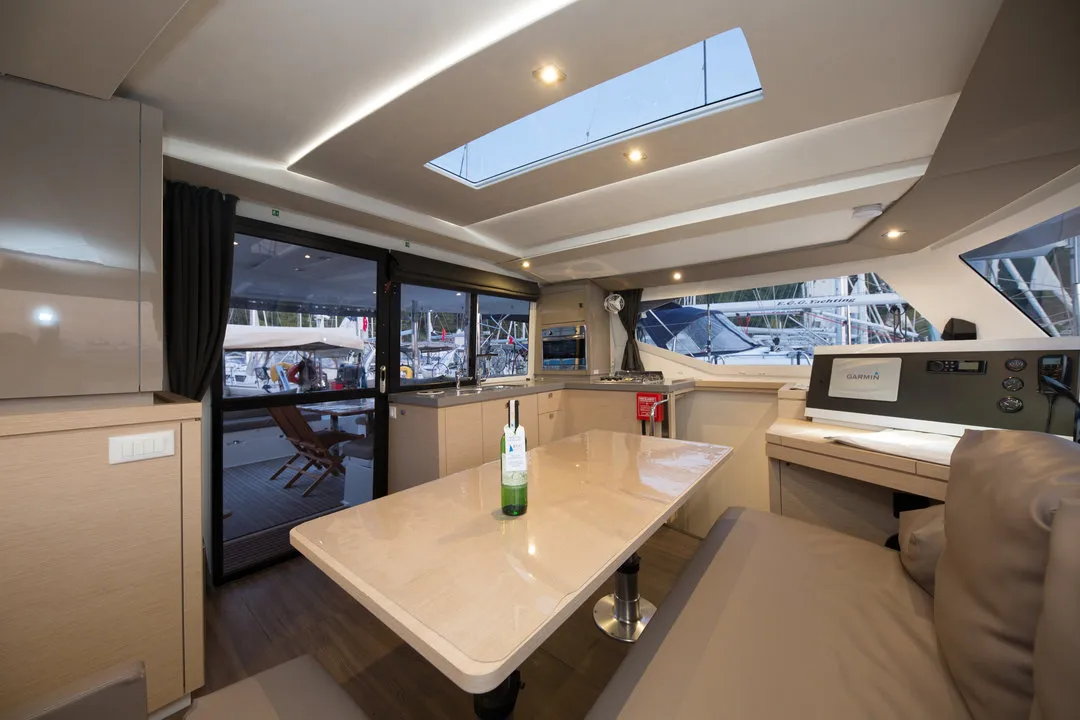 Salon of Sunrise, a Fountaine Pajot Lucia 40 catamaran at Marmaris, Turkey