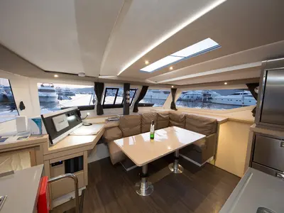 Salon of Sunrise, a Fountaine Pajot Lucia 40 catamaran at Marmaris, Turkey