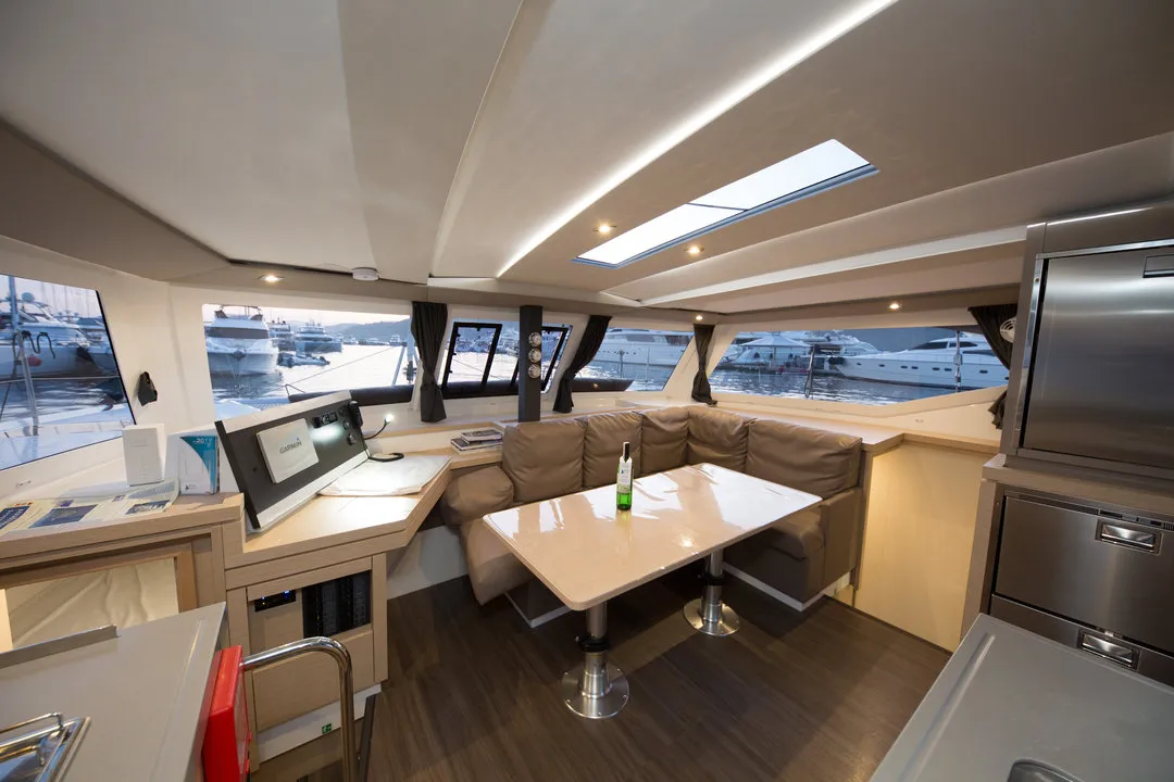 Salon of Sunrise, a Fountaine Pajot Lucia 40 catamaran at Marmaris, Turkey