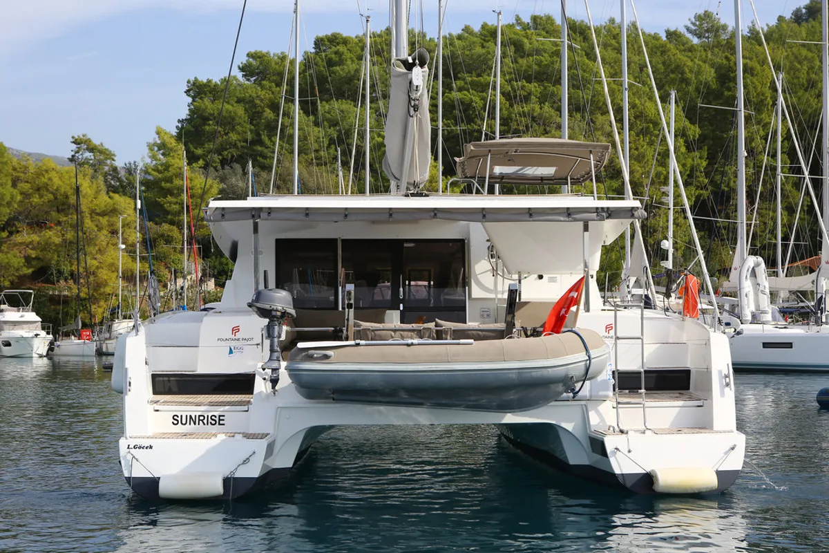 Exterior view of Sunrise, a Fountaine Pajot Lucia 40 catamaran at Marmaris, Turkey