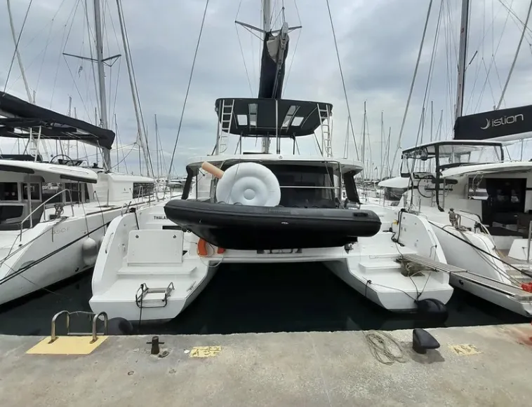 Exterior view of Thalasea, a Lagoon 46 catamaran at Kontokali, Greece