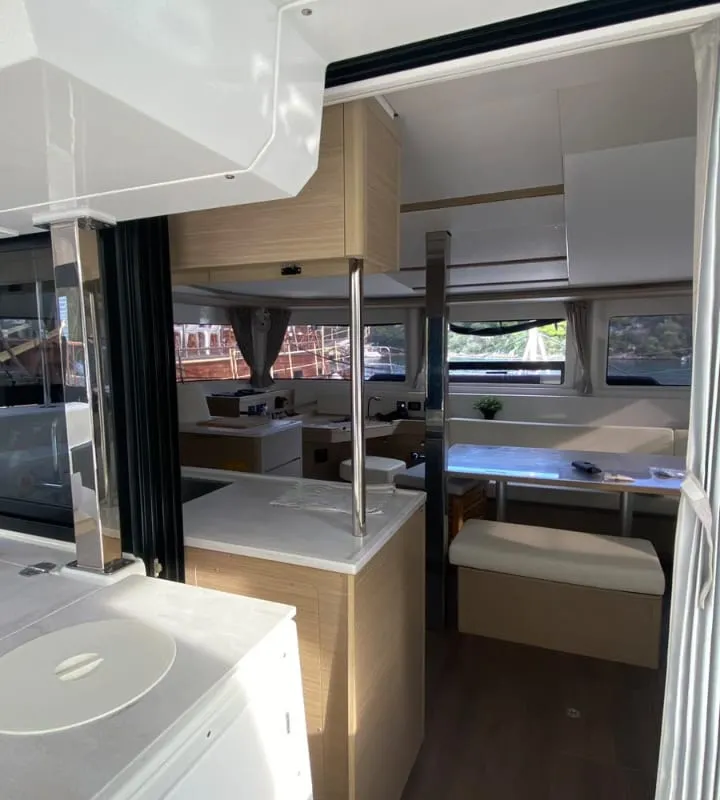 Salon of Thalasea, a Lagoon 46 catamaran at Kontokali, Greece