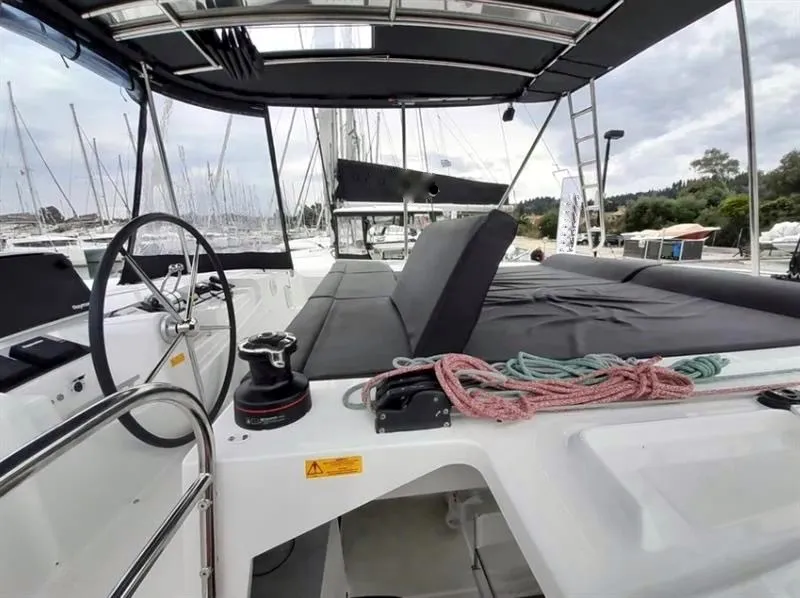 Cockpit of Thalasea, a Lagoon 46 catamaran at Kontokali, Greece