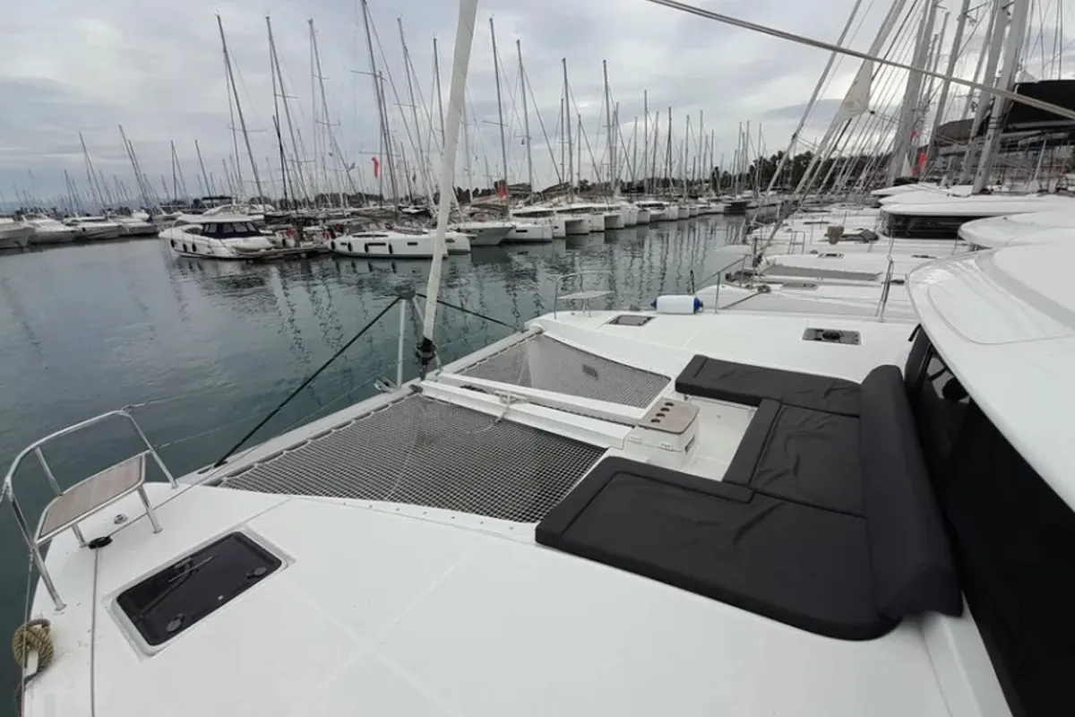 Deck of Thalasea, a Lagoon 46 catamaran at Kontokali, Greece