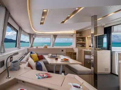 Salon of Thalasea, a Lagoon 46 catamaran at Kontokali, Greece