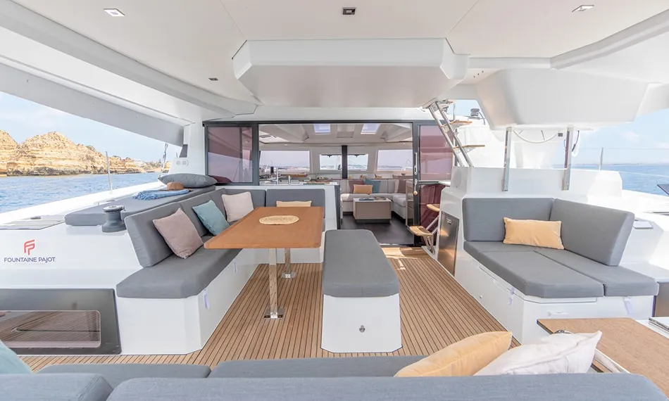 Deck of Arete, a Fountaine Pajot Elba 45 catamaran at Road Town, British Virgin Islands