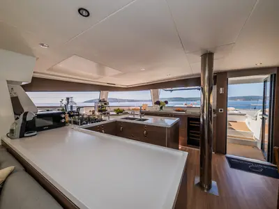 Galley of Ocean Lounge, a Bali 5.4 catamaran at Athens, Greece