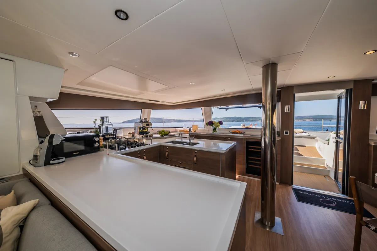 Galley of Ocean Lounge, a Bali 5.4 catamaran at Athens, Greece