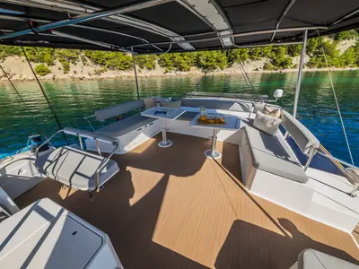 Deck of Ocean Lounge, a Bali 5.4 catamaran at Athens, Greece