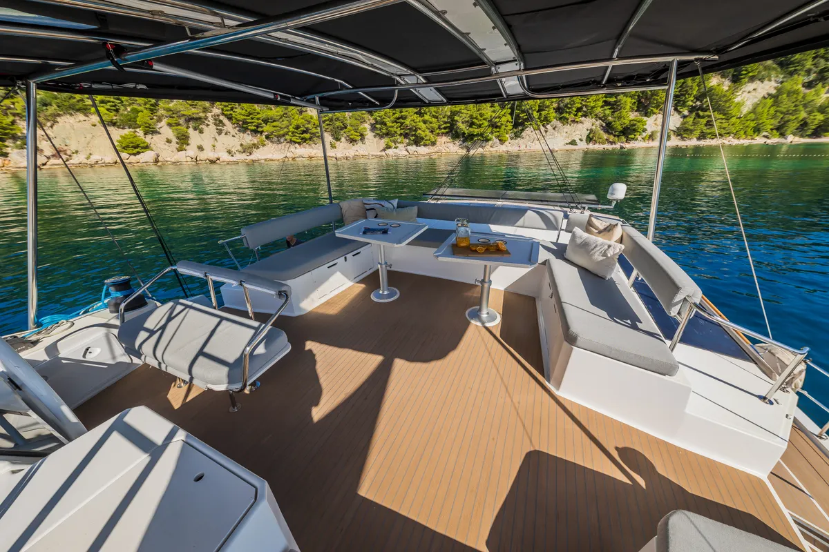 Deck of Ocean Lounge, a Bali 5.4 catamaran at Athens, Greece