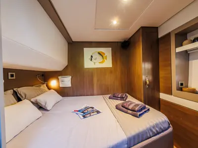Cabin on Ocean Lounge, a Bali 5.4 catamaran at Athens, Greece
