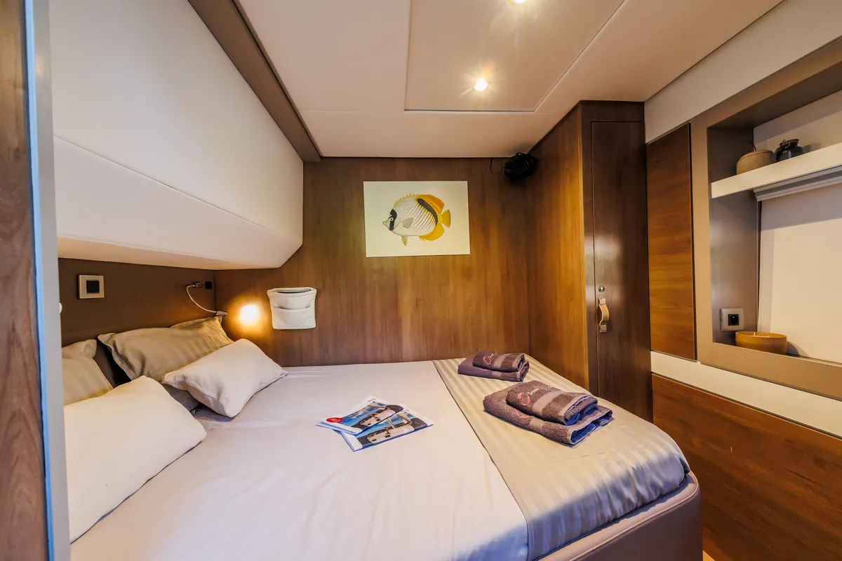 Cabin on Ocean Lounge, a Bali 5.4 catamaran at Athens, Greece