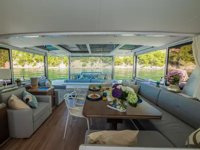Salon of Ocean Lounge, a Bali 5.4 catamaran at Athens, Greece
