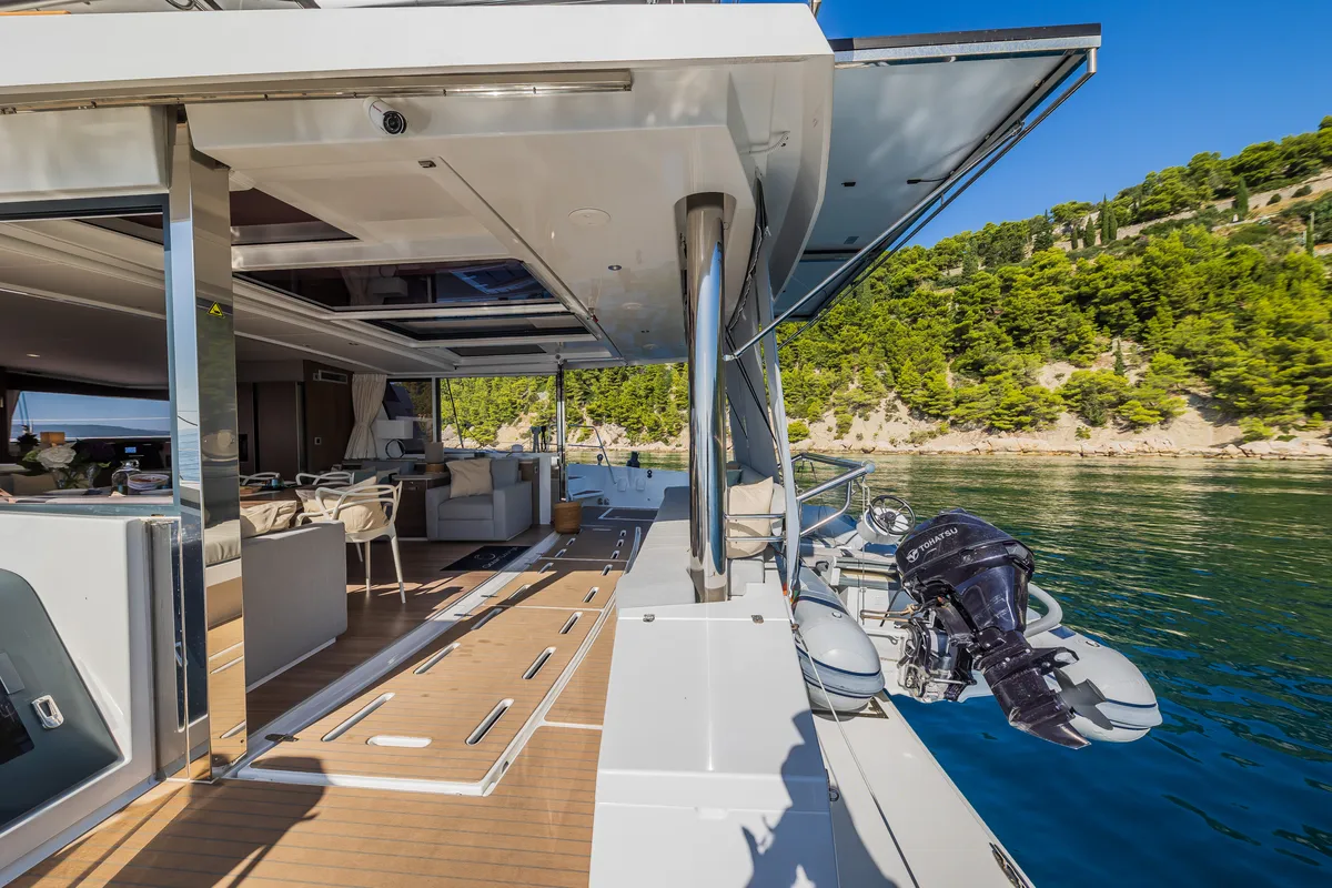 Deck of Ocean Lounge, a Bali 5.4 catamaran at Athens, Greece