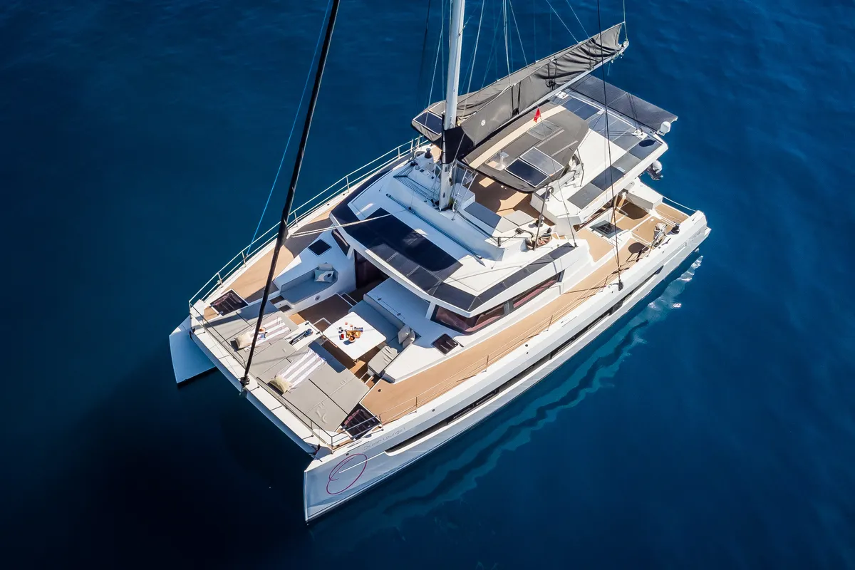 Exterior view of Ocean Lounge, a Bali 5.4 catamaran at Athens, Greece