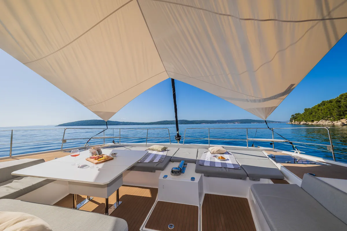Deck of Ocean Lounge, a Bali 5.4 catamaran at Athens, Greece