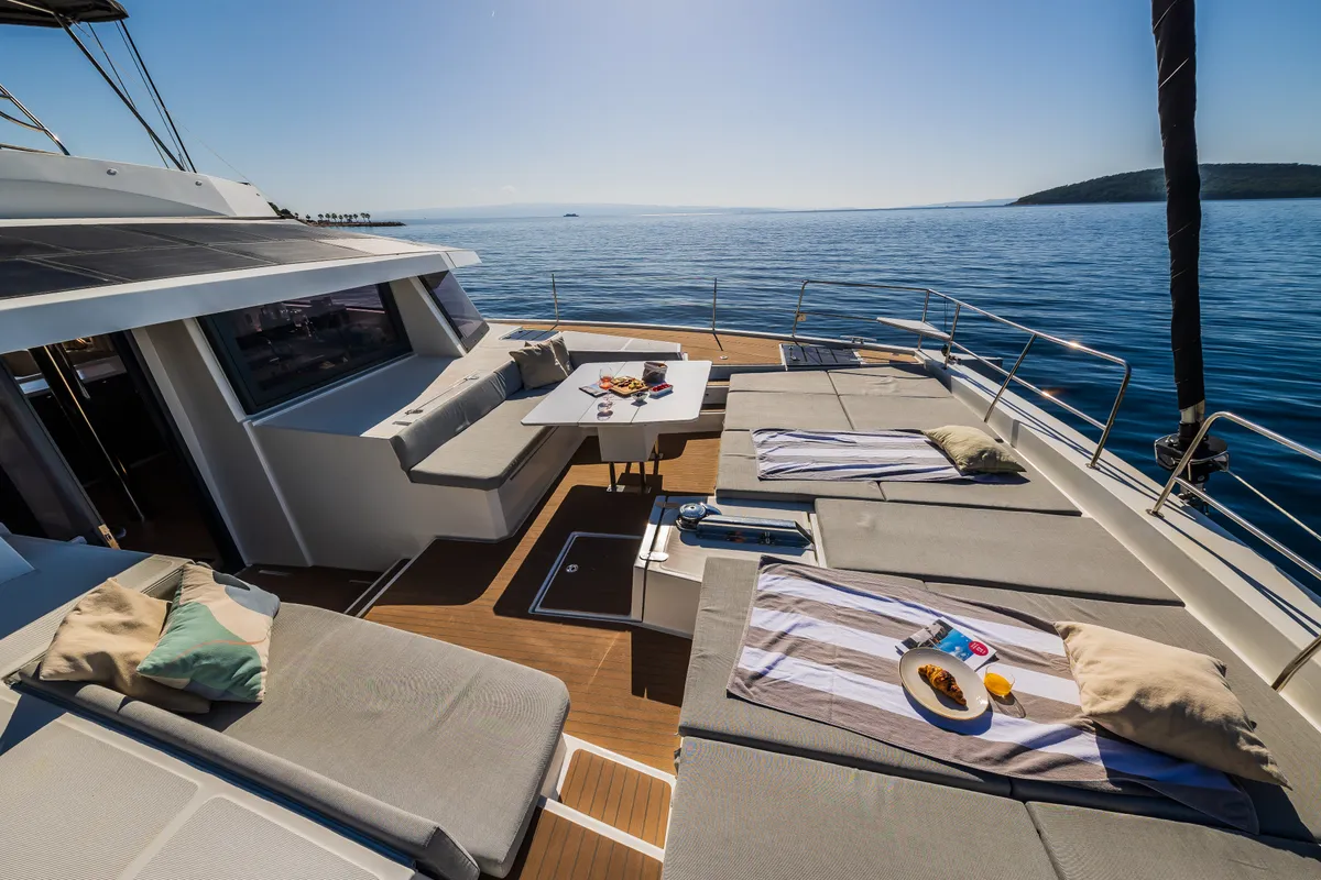 Deck of Ocean Lounge, a Bali 5.4 catamaran at Athens, Greece