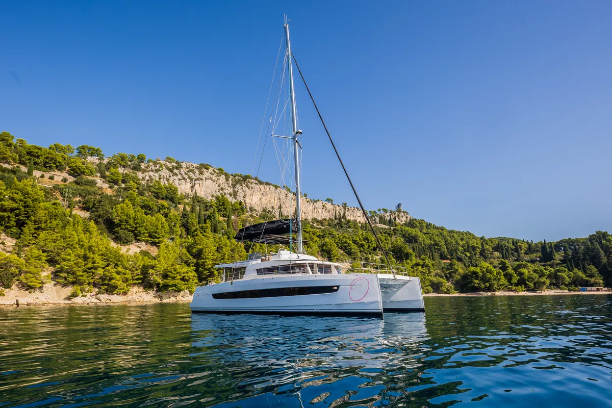Exterior view of Ocean Lounge, a Bali 5.4 catamaran at Athens, Greece