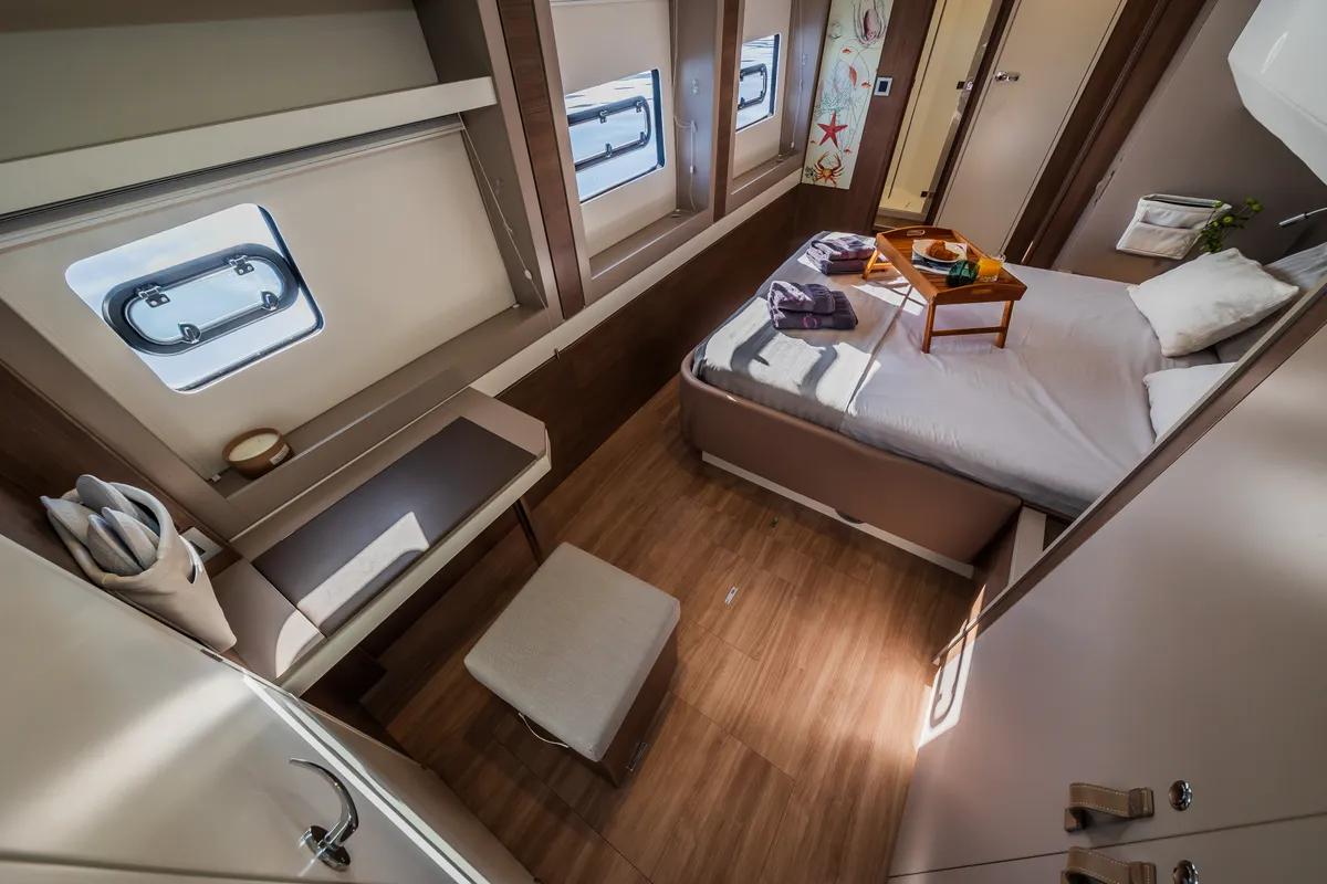 Cabin on Ocean Lounge, a Bali 5.4 catamaran at Athens, Greece