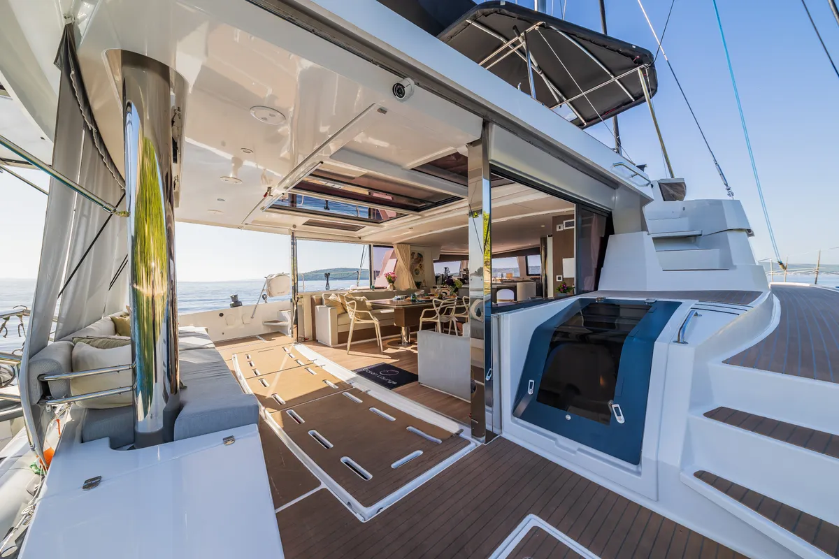 Deck of Ocean Lounge, a Bali 5.4 catamaran at Athens, Greece