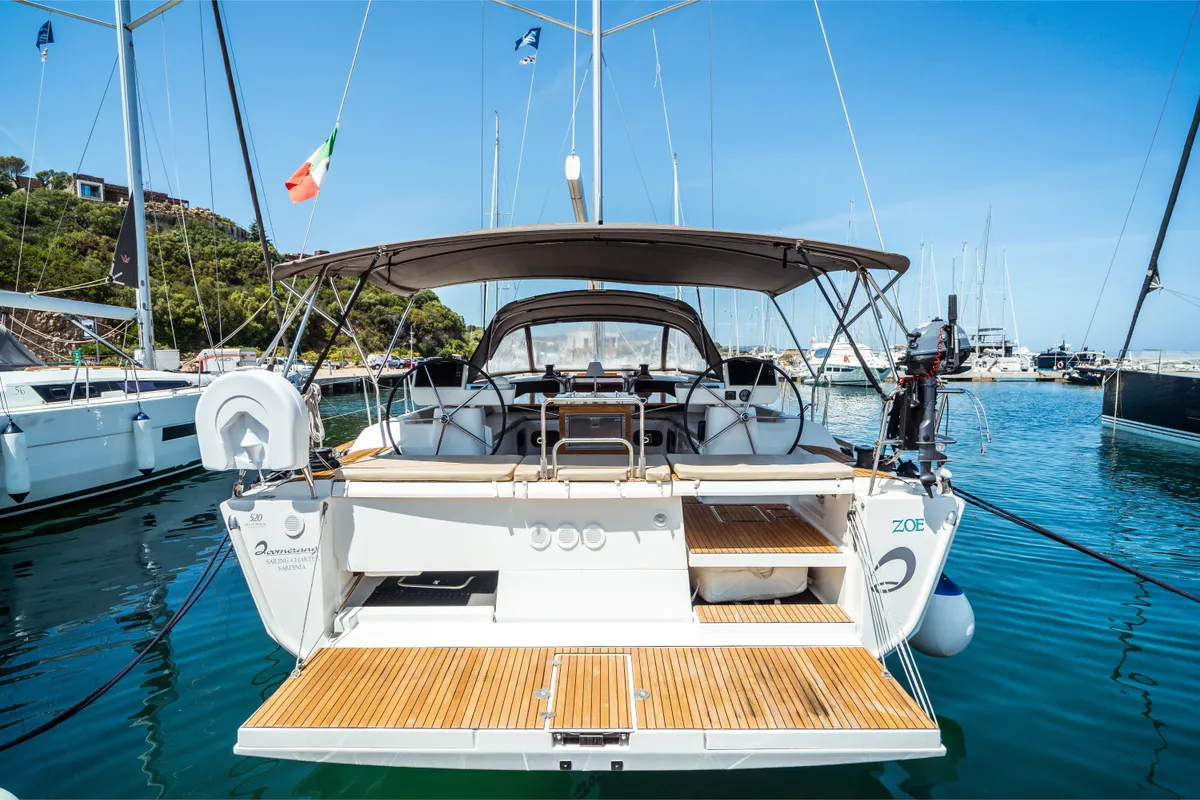 Exterior view of Zoe, a Dufour 520 Grand Large sailboat at Olbia, Italy