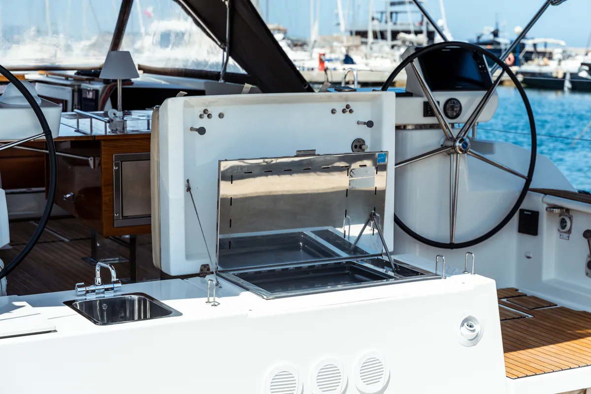 Cockpit of Zoe, a Dufour 520 Grand Large sailboat at Olbia, Italy