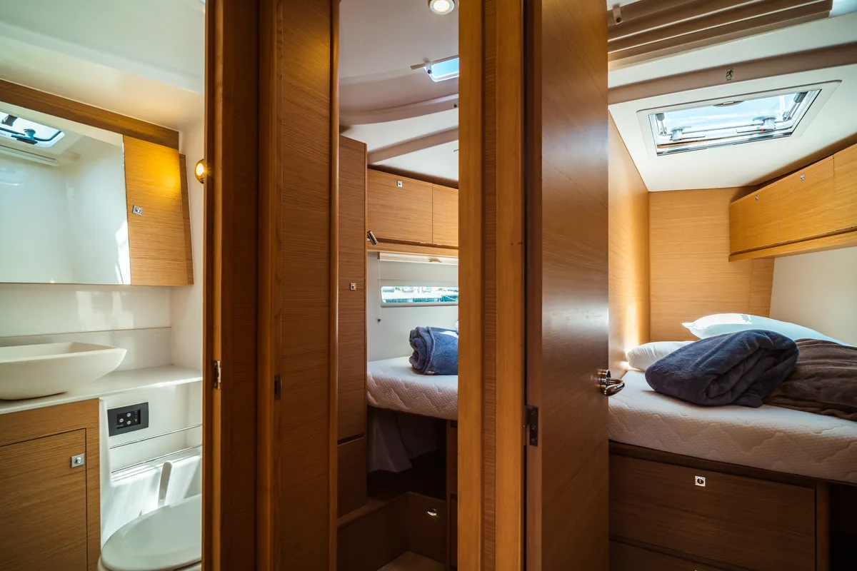 Cabin on Zoe, a Dufour 520 Grand Large sailboat at Olbia, Italy