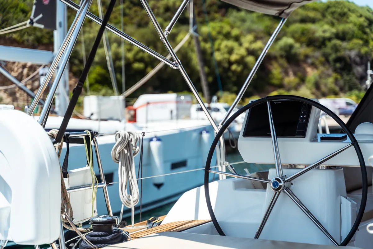 Cockpit of Zoe, a Dufour 520 Grand Large sailboat at Olbia, Italy