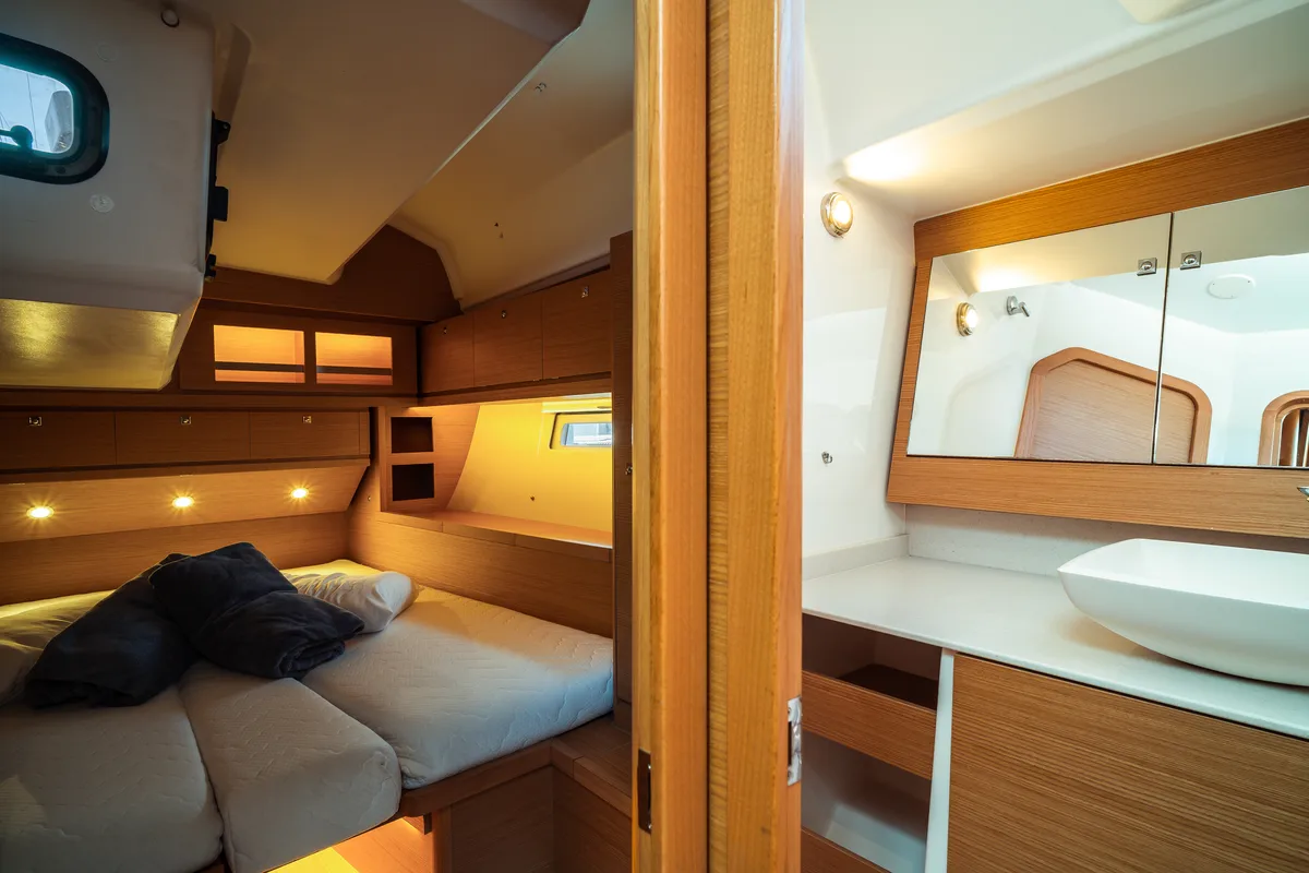 Cabin on Zoe, a Dufour 520 Grand Large sailboat at Olbia, Italy