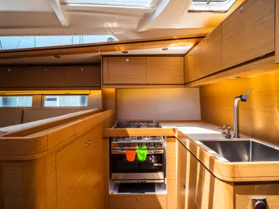 Galley of Zoe, a Dufour 520 Grand Large sailboat at Olbia, Italy