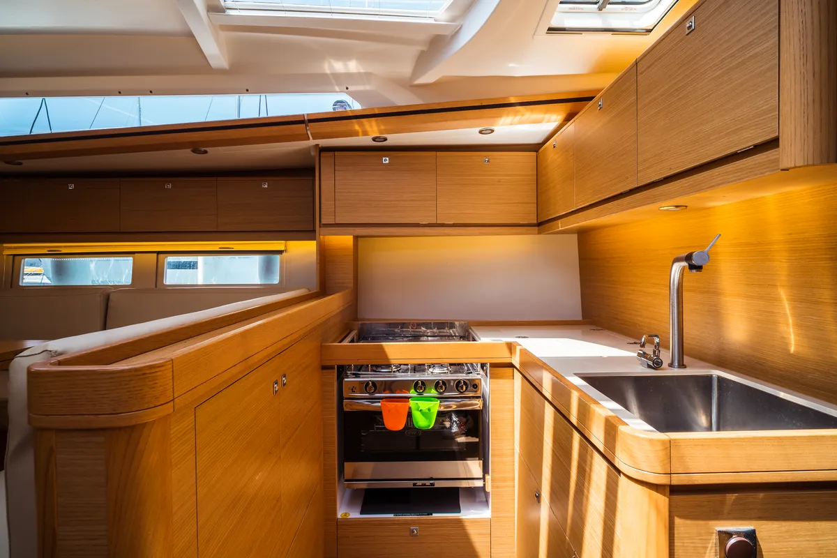 Galley of Zoe, a Dufour 520 Grand Large sailboat at Olbia, Italy