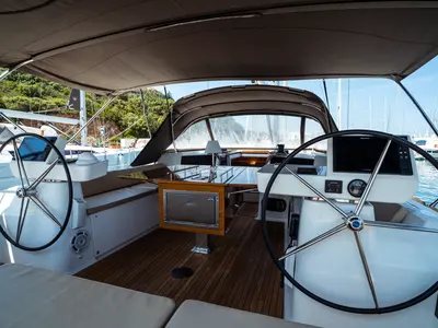 Cockpit of Zoe, a Dufour 520 Grand Large sailboat at Olbia, Italy