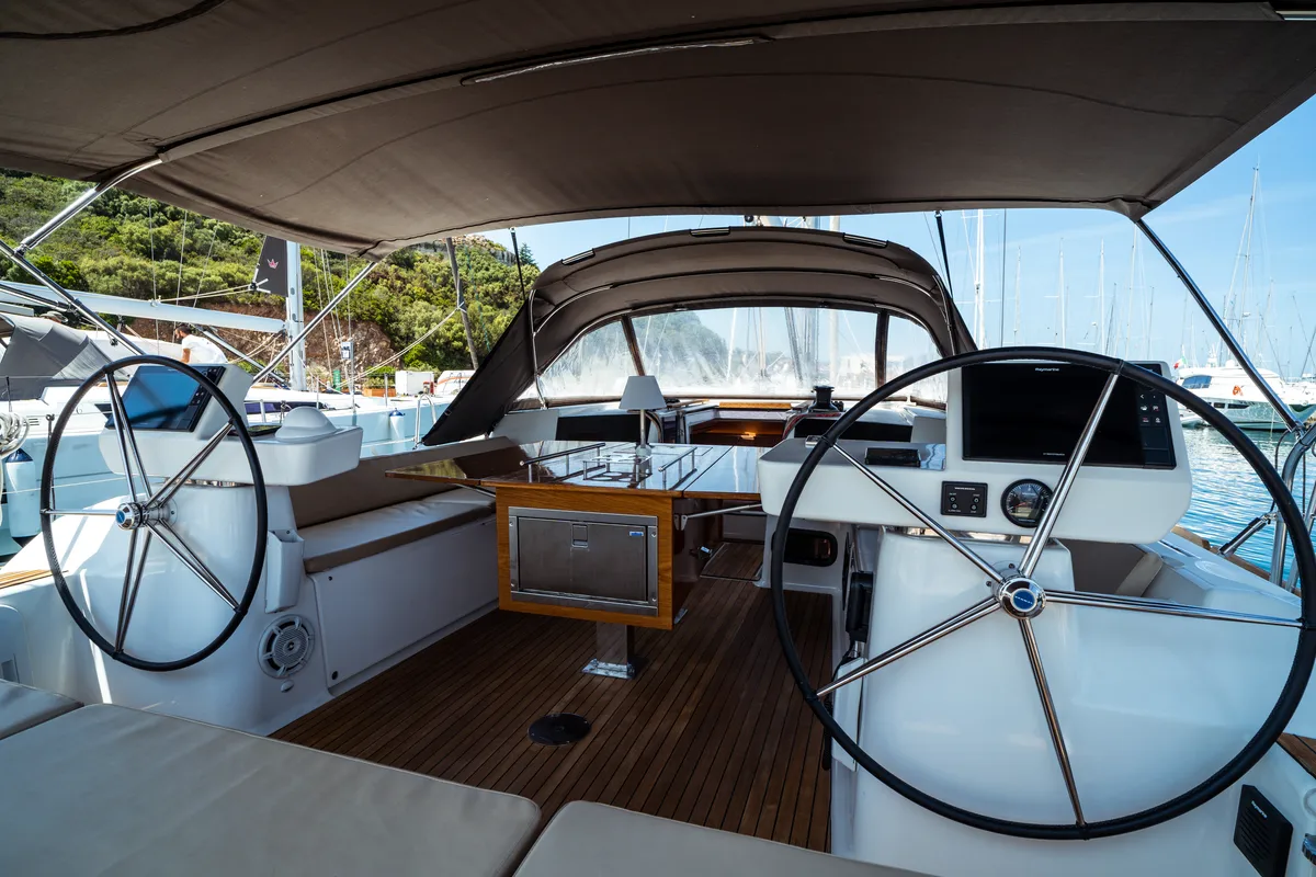 Cockpit of Zoe, a Dufour 520 Grand Large sailboat at Olbia, Italy