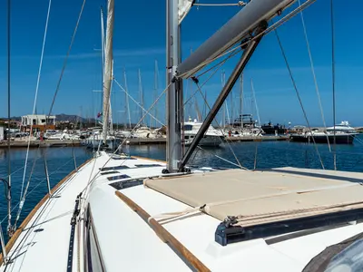 Deck of Zoe, a Dufour 520 Grand Large sailboat at Olbia, Italy