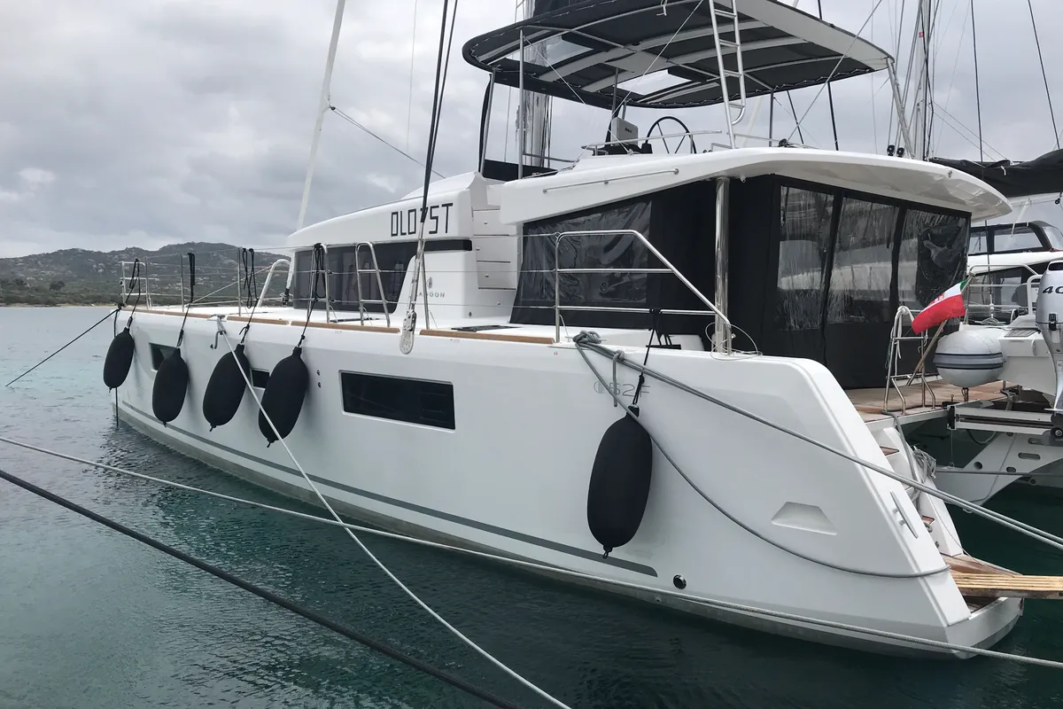 Exterior view of Dugongo II (TOR), a Lagoon 52 catamaran at Road Town, British Virgin Islands