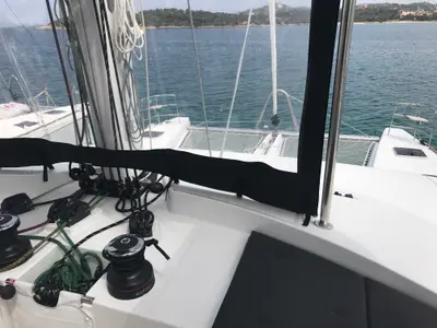 Cockpit of Dugongo II (TOR), a Lagoon 52 catamaran at Road Town, British Virgin Islands