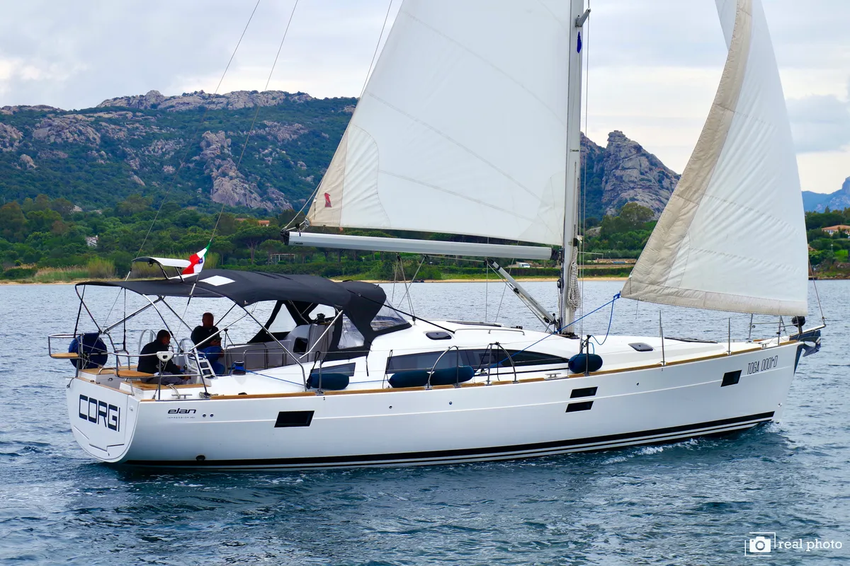 Exterior view of Corgi, a Elan Impression 45.1 sailboat at Cannigione, Italy