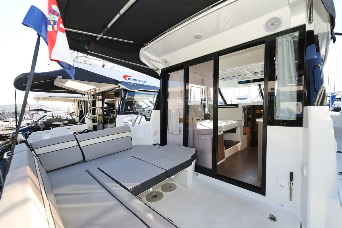 Deck of Blue Horizon, a Jeanneau Merry Fisher 1095 motorboat at Pirovac, Croatia