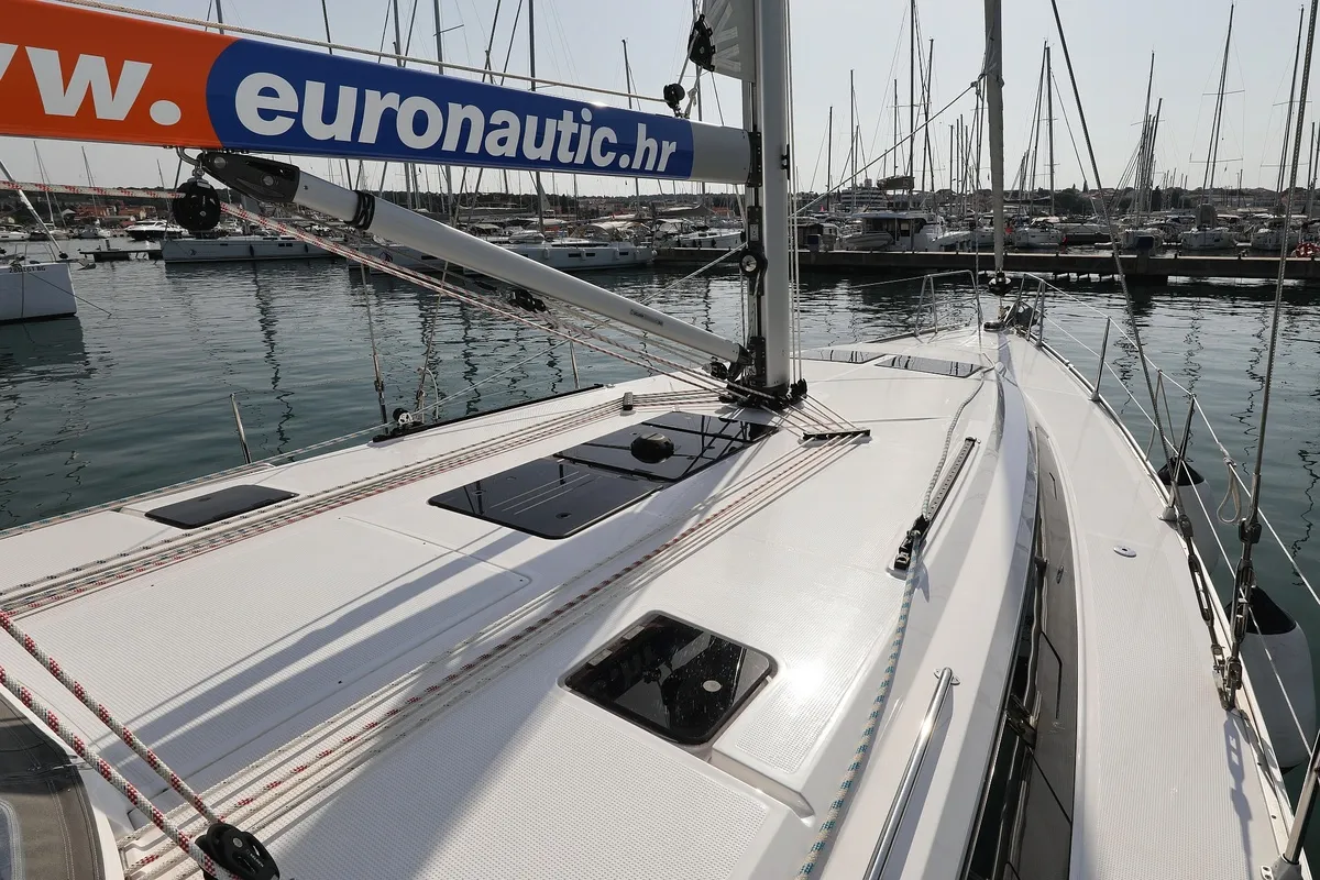 Deck of Summer Jazz, a Bavaria Cruiser 46 sailboat at Biograd na Moru, Croatia