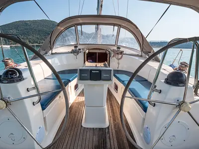 Cockpit of BUNNY GIRL, a Bavaria Cruiser 40 sailboat at Municipal Unit of Ellomenos, Greece