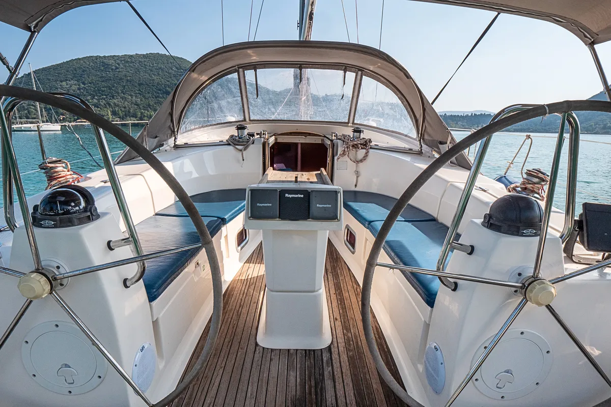 Cockpit of BUNNY GIRL, a Bavaria Cruiser 40 sailboat at Municipal Unit of Ellomenos, Greece