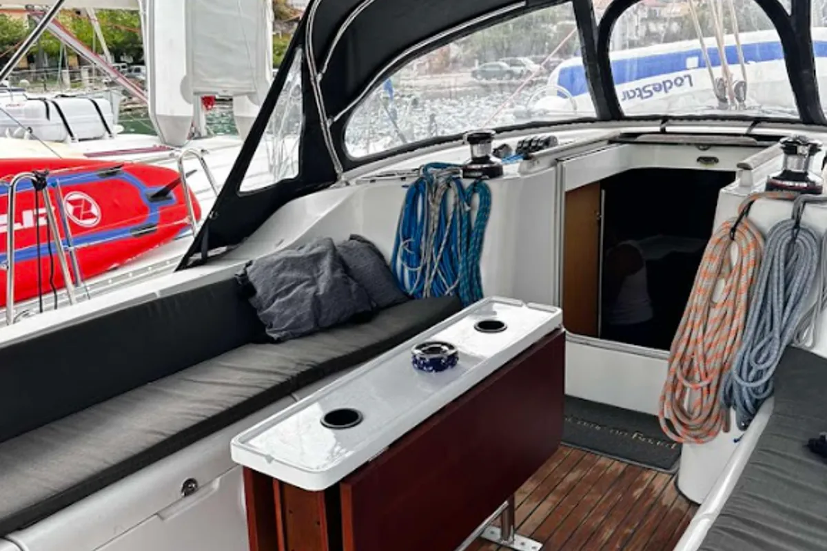 Deck of Chrysa M, a Beneteau Oceanis Clipper 473 sailboat at Municipal Unit of Lefkada, Greece