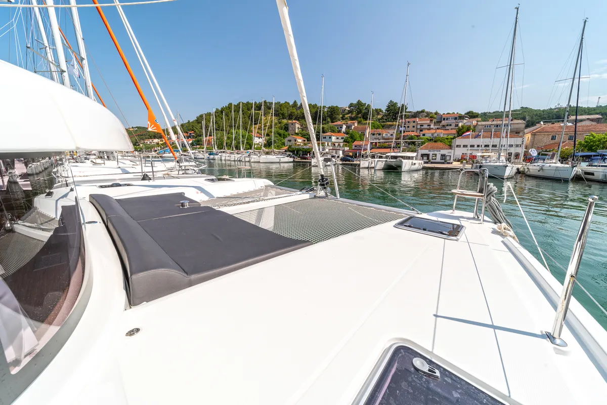Deck of First Dance, a Lagoon 42 catamaran at Skradin, Croatia