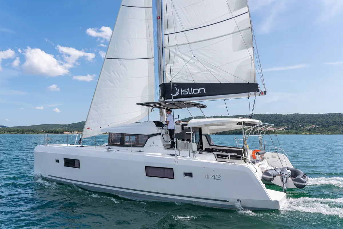 Exterior view of First Dance, a Lagoon 42 catamaran at Skradin, Croatia