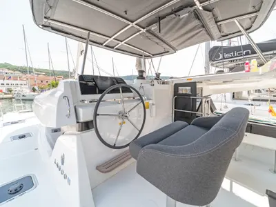 Cockpit of First Dance, a Lagoon 42 catamaran at Skradin, Croatia